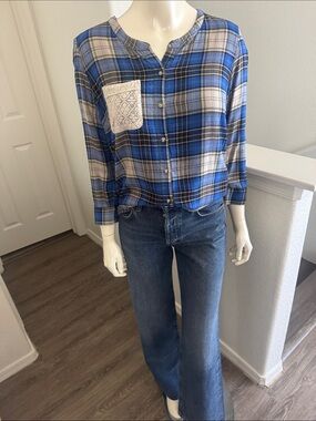 Lucky Brand Blue Plaid Button-Front Top with Lace Pocket